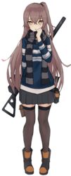  absurdres belt_pouch boots brown_hair brown_thighhighs casual commentary female full_body girls&#039;_frontline gun gun_on_back heart heart-shaped_pupils hiepita97 highres holding holding_clothes holding_scarf long_hair looking_at_viewer miniskirt official_alternate_costume one_side_up orange_eyes parted_lips pouch rifle scar scar_across_eye scar_on_face scarf simple_background skirt solo striped_clothes striped_scarf sweater symbol-shaped_pupils thigh_pouch thighhighs ump45_(&quot;just_this_time.&quot;)_(girls&#039;_frontline) ump45_(girls&#039;_frontline) very_long_hair weapon weapon_on_back white_background zettai_ryouiki 