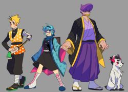  2boys ahoge arthur_(mystery_skulls) asa_no_ha_(pattern) belt bit_gag black-framed_eyewear black_legwear black_sclera blonde_hair blue_scarf boots canine closed_mouth female gag glasses grin hairband hakama haori holding_hands japanese_clothes kimetsu_no_yaiba knee_boots lewis_pepper looking_at_viewer military military_uniform multicolored_hair multiple_boys mystery_(mystery_skulls) mystery_skulls nahusnab pink-tinted_eyewear pink_eyes prosthesis prosthetic_arm prosthetic_sword prosthetic_weapon purple_hair purple_hakama sandals scarf shippou_(pattern) short_hair sideburns sidelocks smile spiked_hair streaked_hair tabi triangle_print two-tone_hair uniform watermark whisker_markings white_belt white_footwear white_legwear yellow_eyes yukino_vivi 