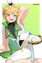  1boy arm_support arm_up armpits belt black_shirt blonde_hair blue_eyes blush border cape commentary ensemble_stars! eyelashes feet_out_of_frame fingerless_gloves g1_(jjw00123) gloves green_background green_cape green_hair harukawa_sora highres jacket leaning_to_the_side male_focus multicolored_hair open_mouth shirt short_hair shorts sleeveless sleeveless_jacket streaked_hair sweatdrop teeth twitter_username upper_teeth_only w white_border white_jacket white_shorts 