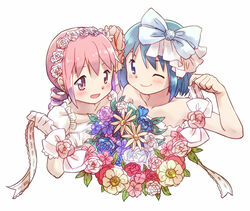  2girls :d ;) alternate_costume arm_ribbon arm_up armlet armpit_peek bad_id bad_pixiv_id bare_arms bare_shoulders blue_eyes blue_flower blue_hair blue_rose blush bouquet collarbone commentary_request dot_nose dress drill_hair flower frills from_above gloves hair_flower hair_ornament hair_ribbon hairband happy holding holding_bouquet kaname_madoka kirikuchi_riku leaf looking_at_viewer looking_up mahou_shoujo_madoka_magica mahou_shoujo_madoka_magica_(anime) miki_sayaka multiple_girls one_eye_closed open_mouth photoshop_(medium) pink_eyes pink_flower pink_hair pink_rose puffy_short_sleeves puffy_sleeves purple_flower purple_rose red_flower red_rose ribbon rose short_hair short_sleeves side-by-side simple_background smile strapless strapless_dress upper_body white_background white_dress white_flower white_gloves white_hairband white_ribbon wrist_ribbon 