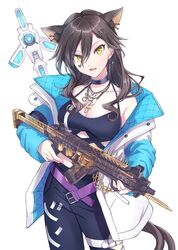  animal_ear_fluff animal_ears apex_legends bad_id bad_twitter_id belt black_pants blue_sleeves breasts cat_ears cat_girl cat_tail chains cleavage cosplay crypto_(apex_legends) crypto_(apex_legends)_(cosplay) drone english_commentary facial_tattoo female gun hack_(apex_legends) heart heart_tattoo holding holding_gun holding_weapon indie_virtual_youtuber jacket kunoki_toki medium_breasts multiple_tails pants purple_belt r-99_smg second-party_source shin_tora solo submachine_gun tail tattoo virtual_youtuber weapon white_background white_jacket yellow_eyes 