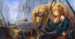  animal_ears arknights bad_id bad_pixiv_id bag black_nails black_shirt boots can choker city cityscape commentary_request concrete crossed_legs drink_can drum_(container) duffel_bag female fence goggles goggles_on_head green_jacket hand_up jacket knee_pads lion lion_ears looking_at_viewer naux off_shoulder official_alternate_costume orange_hair shirt siege_(arknights) siege_(legacy)_(arknights) signature sitting soda_can solo tank_top tsurime weapon whiskers 