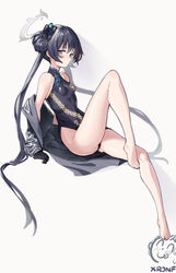  absurdres bare_legs barefoot black_hair blue_archive blue_eyes breasts butterfly_hair_ornament china_dress chinese_clothes doodle_sensei_(blue_archive) double_bun dragon_print dress feet female five-core_fish_(xronf) grey_jacket hair_bun hair_ornament halo highres jacket kisaki_(blue_archive) legs long_hair nail_polish print_dress sensei_(blue_archive) sitting small_breasts solo_focus striped_clothes striped_jacket toenail_polish toenails toes twintails vertical-striped_clothes vertical-striped_jacket very_long_hair 