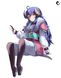  absurdres ahoge blue_hair blush bow braid closed_eyes closed_mouth fingerless_gloves flower fur_trim gloves hairbow highres horns kindred_(league_of_legends) lamb_(league_of_legends) lazbee league_of_legends long_hair no_mask official_alternate_costume official_alternate_hairstyle pink_eyes purple_gloves simple_background sitting spirit_blossom_(league_of_legends) spirit_blossom_kindred white_background yellow_bow yellow_flower 