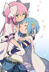  2girls aqua_background bad_id bad_pixiv_id belt blue_hair blue_skirt blush breasts cape commentary_request detached_sleeves dress expressionless fortissimo gloves gradient_background hair_ornament hair_ribbon hairclip hand_on_another&#039;s_head hand_on_another&#039;s_waist highres holding kaname_madoka kirikuchi_riku light_smile long_hair looking_at_another looking_down magical_girl mahou_shoujo_madoka_magica mahou_shoujo_madoka_magica_(anime) medium_breasts miki_sayaka miki_sayaka_(magical_girl) multiple_girls musical_note musical_note_hair_ornament parted_lips pleated_skirt ribbon short_hair simple_background skirt soul_gem sparkle sparkle_background strapless two_side_up ultimate_madoka very_long_hair white_background white_cape white_dress white_gloves white_ribbon wide_sleeves yellow_eyes 