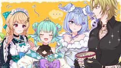  ... 1boy 3girls ? ?? black_kimono black_shirt blonde_hair blue_bow blue_eyes blue_hair blush bow braid breasts chest_tattoo cleavage cleavage_cutout closed_eyes clothing_cutout collarbone collared_shirt commentary confused double_bun elira_pendora elira_pendora_(2nd_costume) english_commentary finana_ryugu finana_ryugu_(2nd_costume) fins fish_girl green_bow green_hair haagen-dazs hair_behind_ear hair_bun hair_over_one_eye hairbow head_fins head_wings highres holding japanese_clothes jewelry key kimono large_pectorals lazulight long_hair looking_down luca_kaneshiro maid maid_headdress medium_breasts mugimugigo multiple_girls muscular muscular_male necklace nijisanji nijisanji_en obi official_alternate_costume one_eye_covered open_mouth pectorals pointy_ears pomu_rainpuff pomu_rainpuff_(2nd_costume) purple_bow sash shirt short_hair smile tape_measure tattoo thought_bubble twin_braids twintails virtual_youtuber wa_maid wings yellow_background 