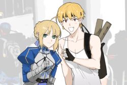  1boy 4ofo1nf43kuvxkl ahoge armor armored_dress artoria_pendragon_(fate) backpack bag blonde_hair blush earrings fate/stay_night fate_(series) female fingerless_gloves gauntlets gilgamesh_(fate) gilgamesh_(sensha_otoko)_(fate) gloves green_hair hair_bun headband heart_hands_failure jewelry looking_at_viewer oerba_yun_fang red_eyes ribbon saber_(fate) sensha_otoko single_hair_bun smile tank_top thumbs_up 