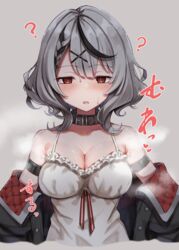  ? absurdres armband bad_id bad_pixiv_id bare_shoulders black_hair black_jacket blush braid breasts brown_collar camisole cleavage collar collarbone commentary_request empty_eyes female french_braid frilled_camisole frills grey_background grey_hair hair_ornament half-closed_eyes highres hololive hypnosis jacket looking_away looking_down medium_breasts medium_hair mind_control mm_(mm_chair) multicolored_hair off-shoulder_jacket off_shoulder open_mouth red_eyes sakamata_chloe sakamata_chloe_(1st_costume) shiny_skin smell solo steam steaming_body streaked_hair sweat upper_body virtual_youtuber white_camisole x_hair_ornament 