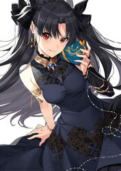  black_dress black_hair bracelet chocolate commentary dress earrings fate/grand_order fate_(series) female hair_ribbon highres ishtar_(fate) jewelry licking_lips long_hair looking_at_viewer red_eyes ribbon simple_background solo tongue tongue_out twintails valentine white_background yaoshi_jun 