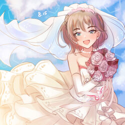  blue_sky blush bouquet braid bridal_gauntlets bridal_veil bride brown_hair crown_braid dated dress female freckles highres holding holding_bouquet idolmaster idolmaster_cinderella_girls kate_(idolmaster) kevn looking_at_viewer sky smile solo strapless strapless_dress veil wedding_dress 