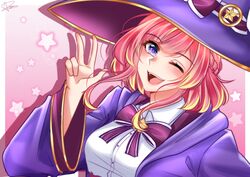  berliandevania blush bow female hat highres long_sleeves looking_at_viewer maha5 one_eye_closed pale_skin pink_hair purple_eyes rena_anggraeni ribbon smile solo v virtual_youtuber witch witch_hat 