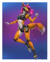  2022 4:5 5_fingers anthro breasts canid canine claws clothed clothing digital_media_(artwork) feet female fingers fox fur hair hi_res hybrid machine mammal mecha_geneec orange_body orange_fur pink_hair quillu robot solo tail toes 