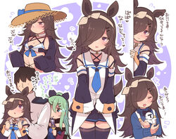  1boy 2girls @_@ admiral_(kancolle) animal_ears bare_shoulders bikini black_bikini black_hair black_ribbon black_serafuku black_skirt black_thighhighs blue_dress blue_eyes blue_flower blue_neckerchief blue_rose blush brown_hair closed_eyes commentary_request cosplay costume_switch crossover dagger detached_sleeves dress flower green_hair hair_between_eyes hair_over_one_eye hair_ribbon hat highres holding holding_dagger holding_knife holding_weapon horse_ears horse_girl horse_tail kantai_collection knife long_hair long_sleeves military military_uniform multiple_girls naval_uniform neckerchief off-shoulder_dress off_shoulder open_mouth pleated_skirt ponytail purple_eyes ribbon rice_shower_(umamusume) rice_shower_(umamusume)_(cosplay) rose school_uniform serafuku short_hair skirt smile sun_hat suzuki_toto swimsuit t-head_trainer tail thighhighs trainer_(umamusume) translated triangle_mouth umamusume uniform weapon yamakaze_(kancolle) yamakaze_(kancolle)_(cosplay) yamakaze_(swimsuit_mode)_(kancolle) 