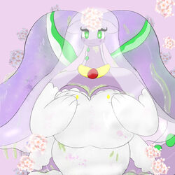  1:1 absurd_res anthro big_breasts bodily_fluids breasts clothed clothing dragon dress english_text female flower generation_6_pokemon goo_creature goodra green_eyes hand_on_breast hi_res holding_breast jewelry miyang_draws! mythological_creature mythological_scalie mythology necklace nintendo overweight overweight_female plant pokemon pokemon_(species) purple_body scalie simple_background smile solo text thick_thighs wedding_dress wedding_veil 