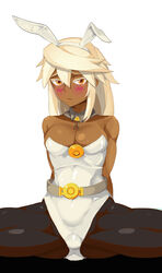  breasts cleavage closed_mouth commentary_request dark-skinned_female dark_skin female ghgnvm guilty_gear guilty_gear_xrd hat highres korean_commentary long_hair looking_at_viewer orange_eyes pantyhose photoshop_(medium) playboy_bunny ramlethal_valentine simple_background solo white_background white_hair 