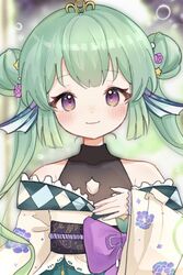  blush bow bubble cleavage_cutout clothing_cutout collarbone double_bun female finana_ryugu finana_ryugu_(2nd_costume) fins fish_girl green_hair hair_bun head_fins head_tilt highres japanese_clothes kimono nijisanji nijisanji_en nini_niniko obi off_shoulder official_alternate_costume portrait protected_link purple_bow purple_eyes sash smile solo tiara twintails virtual_youtuber white_kimono 