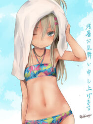  akino_shuu bandeau bare_arms bare_shoulders bikini blue_bikini bow breasts brown_hair closed_mouth collarbone commentary_request female grecale_(kancolle) grecale_(swimsuit_mode)_(kancolle) green_eyes hair_between_eyes hairbow halterneck kantai_collection long_hair looking_at_viewer multicolored_bandeau navel official_alternate_costume one_eye_closed pink_bow small_breasts solo swimsuit towel towel_on_head translation_request twitter_username wet zanshomimai 