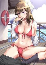  artist_name bikini black_skirt black_socks breasts brown_hair commentary_request day female highres innertube large_breasts long_hair looking_at_viewer navel original outdoors purple_eyes red_bikini saigado side-tie_bikini_bottom sitting skirt smile socks solo swim_ring swimsuit unworn_skirt water 