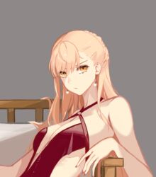  blonde_hair braid breasts closed_mouth dress earrings female french_braid girls&#039;_frontline grey_background hanser highres jewelry long_hair looking_at_viewer nail_polish official_alternate_costume orange_eyes ots-14_(girls&#039;_frontline) ots-14_(ruler_of_the_banquet)_(girls&#039;_frontline) red_dress small_breasts solo_focus 