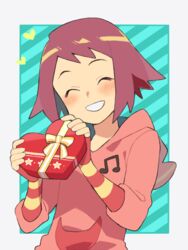  bad_id bad_twitter_id blush box closed_eyes commentary female fingerless_gloves gift gift_box gloves heart heart-shaped_box holding holding_gift hood hoodie incoming_gift mega_man_(series) mega_man_star_force musical_note parted_lips pekaso1118n purple_hair ribbon short_hair smile solo sonia_strumm_(mega_man) striped striped_background valentine 