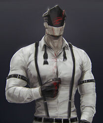  1boy bara belt black_bow black_bowtie black_gloves bow bowtie clothed_robot commentary gloves highres large_pectorals male_focus muscular muscular_male original pectorals reddokkaebe robot shirt solo suspenders white_shirt 