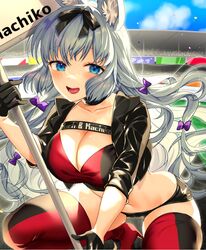  :d animal_ears black_choker black_gloves black_jacket black_shorts blue_eyes boots bow breasts choker cleavage collarbone commentary_request crop_top cropped_jacket female fox_ears gloves grey_hair hairbow high_heel_boots high_heels holding jacket large_breasts long_hair looking_at_viewer machiko_(marble_creators) marble_creators micro_shorts midriff navel open_clothes open_jacket open_mouth outdoors race_queen shorts sign smile solo squatting teltelhousi thigh_boots thighhighs very_long_hair virtual_youtuber 