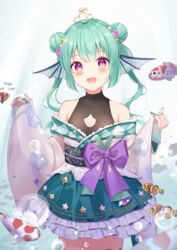  air_bubble bad_id bad_pixiv_id bow breasts bubble clownfish collarbone cowboy_shot crown double_bun dress female finana_ryugu finana_ryugu_(2nd_costume) fins fish fish_girl flower frills green_hair hair_bun hair_flower hair_ornament hands_up head_fins highres japanese_clothes koi looking_at_viewer medium_hair nijisanji nijisanji_en off_shoulder open_mouth purple_eyes small_breasts smile solo star_(symbol) star_hair_ornament tropical_fish twintails ustn_(usatan) virtual_youtuber 