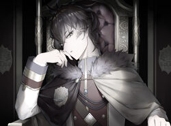  1boy aiguillette black_clover black_hair brown_hair buttons capelet chains cross elbow_rest expressionless frit_2 fur_trim golden_dawn_(emblem) hair_between_eyes head_rest high_collar highres insignia jacket jewelry leaning_to_the_side long_bangs looking_at_viewer male_focus messy_hair military_jacket necklace parted_lips pendant robe short_hair shoulder_strap solo star_(symbol) throne yellow_eyes yuno_(black_clover) 