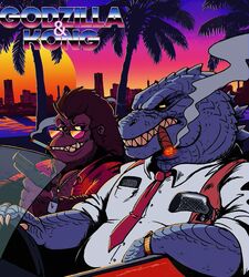  80&#039;s_theme absurd_res aloha_shirt anthro ape blue_body brown_body brown_fur car cigar cigar_in_mouth cigarette cigarette_in_mouth city city_background claws clock clothed clothing dress_shirt driving duo eyewear formal_clothing fur godzilla godzilla_(series) godzilla_vs._kong gun haplorhine hi_res jewelry kaiju king_kong king_kong_(series) looking_at_viewer male mammal motor_vehicle necklace necktie object_in_mouth open_clothing open_shirt open_topwear palm_tree pattern_clothing pattern_shirt pattern_topwear plant police primate ranged_weapon shirt smile smiling_at_viewer spacedragon14 sunglasses sunset text toho topwear tree vehicle watch weapon wristwatch yellow_sclera 