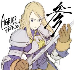  agrias_oaks armor blonde_hair blue_eyes braid closed_mouth dissidia_final_fantasy dissidia_final_fantasy_opera_omnia female final_fantasy final_fantasy_tactics gloves kurita_shin&#039;ichi long_hair simple_background single_braid solo sword weapon white_background 