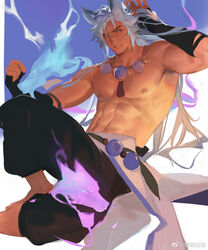  1boy animal_ears armpit_hair armpit_peek bara blue_fire code2_ip feet_out_of_frame fire fox_boy fox_ears highres large_pectorals league_of_legends long_hair male_focus muscular muscular_male navel nipples official_alternate_costume pants pectorals sett_(league_of_legends) solo spirit_blossom_sett thick_eyebrows topless_male 