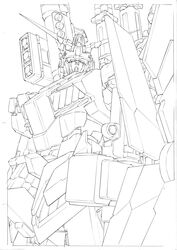  bazooka_(gundam) commentary_request cowboy_shot full_armor_unicorn_gundam gatling_gun greyscale gundam gundam_unicorn highres ishigaki_jun&#039;ya line_art looking_at_viewer mecha missile_pod monochrome no_humans nt-d robot shield unicorn_gundam white_background 