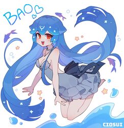  artist_name bao_(vtuber) bao_(vtuber)_(1st_costume) bare_shoulders blue_hair ciosuii dress female full_body highres indie_virtual_youtuber long_hair off-shoulder_dress off_shoulder open_mouth red_eyes solo virtual_youtuber water white_background 