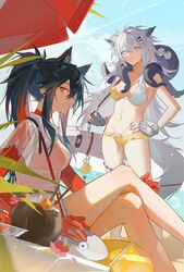  2girls absurdres animal_ears arknights beach_umbrella bikini black_hair blue_eyes blue_sky bodysuit breasts coconut coconut_cup commentary dutch_angle ear_piercing extra_ears fingerless_gloves gloves grey_gloves hair_between_eyes hand_on_own_hip highres jacket lappland_(arknights) layered_sleeves long_sleeves looking_at_viewer multicolored_hair multiple_girls outdoors photoshop_(medium) piercing pinenut_sn ponytail profile red_bodysuit red_hair scar scar_across_eye see-through see-through_shirt shirt short_over_long_sleeves short_sleeves sideways_glance sky streaked_hair swimsuit symbol-only_commentary tail texas_(arknights) two-tone_bikini umbrella white_bikini white_hair white_jacket wolf_ears wolf_girl wolf_tail yellow_bikini yellow_eyes 