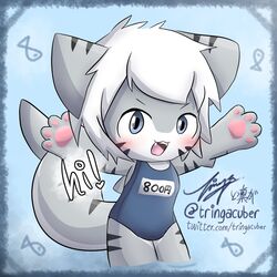  1:1 4_fingers ambiguous_gender anthro apron blue_background blue_eyes blush changed_(video_game) chibi clothing dialogue english_text fin fingers fish greeting grey_body hair heart_symbol hi_res korean_text looking_at_viewer marine open_mouth pawpads paws price price_listing price_tag raised_arms shark shark_tail simple_background solo spread_arms talking_to_viewer teeth text the_shark_(changed) tringa url white_body white_hair 