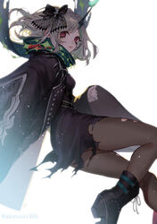  absurdres black_dress boots bow dress facial_tattoo female green_hair hair_ornament hairbow highres jacket little_match_girl_(sinoalice) looking_at_viewer ojo_aa pantyhose parted_lips red_eyes scarf short_hair simple_background sinoalice solo studded_jacket tattoo teeth torn_clothes twitter_username white_background 