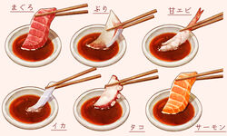  chopsticks commentary fish_(food) food food_focus highres japanese_amberjack kaneko_ryou mamezara no_humans octopus original plate realistic salmon sashimi saucer shrimp simple_background soy_sauce squid translated tuna white_background 