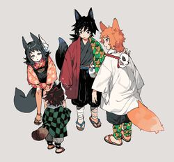  3boys animal_ears black_hair blue_eyes checkered_haori commentary_request earrings female flipped_hair floral_print fox_boy fox_ears fox_girl fox_mask fox_tail geta grey_background grey_eyes hand_on_mask haori japanese_clothes jewelry kamado_tanjirou kemonomimi_mode kimetsu_no_yaiba kimono leaning_forward leg_wrap lolicon looking_at_another makomo_(kimetsu) mask mask_on_head multiple_boys newo_(shinra-p) odd_one_out orange_hair orange_kimono pants profile raccoon_tail red_hair sabito_(kimetsu) sash short_kimono simple_background standing surprised tail tomioka_giyuu unworn_mask 