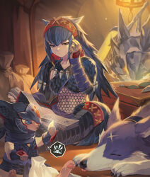  absurdres armor black_eyes blue_hair book canyne closed_mouth dark_blue_hair felyne female fishnets hairband hand_up highres indian_style kiriyama2109 long_hair monster_hunter_(character) monster_hunter_(series) monster_hunter_rise nargacuga_(armor) reading sitting solo sweatdrop 