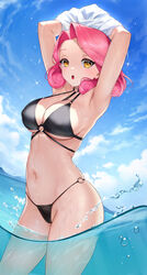  air_bubble armpits arms_up bare_arms bare_legs bare_shoulders bikini black_bikini blue_sky breasts brown_eyes bubble cleavage cloud cloudy_sky day eden_(shiroki_yuutsu) female groin highres horizon looking_at_viewer medium_hair navel o-ring o-ring_bikini o-ring_bottom o-ring_top ocean open_mouth original outdoors parted_bangs partially_underwater_shot pink_hair sky solo sparkle splashing standing swimsuit undressing vanilla_(eden_(shiroki_yuutsu)) wading water water_drop wet 