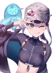  badge baseball_cap bikini bikini_under_clothes black_bikini black_jacket black_shirt blue_eyes blush breasts button_badge camouflage camouflage_headwear commentary_request cropped_shirt fate/grand_order fate_(series) female hat highres jacket long_hair long_sleeves looking_at_viewer medium_breasts one_eye_closed open_clothes open_jacket outerrace_ik partial_commentary purple_hair shirt sidelocks smile swimsuit tongue tongue_out yang_guifei_(event_portrait)_(fate) yang_guifei_(fate) 