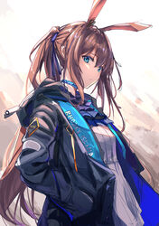  absurdres amiya_(arknights) animal_ears arknights ascot black_jacket blue_eyes brown_hair extra_ears female frilled_ascot frills gu_luco hair_between_eyes highres hood hood_down hooded_jacket jacket jewelry long_hair long_sleeves neck_ring open_clothes open_jacket rabbit_ears solo white_background 