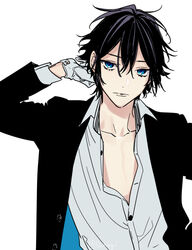  1boy black_hair blue_eyes buttons closed_mouth collared_shirt commentary_request dress_shirt gloves hagiwara_daisuke hori-san_to_miyamura-kun long_sleeves looking_at_viewer male_focus miyamura_izumi partially_unbuttoned shirt short_hair simple_background solo twitter_username upper_body white_background white_gloves 