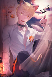  1boy ahoge animal_collar animal_ears arm_support arthur_pendragon_(fate) artist_name bad_id bad_pixiv_id bat_(animal) blonde_hair candy_print cat_ears choker claw_pose collar collarbone collared_shirt commentary_request curtains dress_shirt fate/stay_night fate_(series) green_eyes halloween hand_up highres koa_(koa_124) lamp looking_at_viewer male_focus nail_polish open_mouth orange_ribbon pants partial_commentary pumpkin_print ribbon shirt short_hair sitting smile solo tail teeth unbuttoned unbuttoned_shirt upper_teeth_only white_shirt wolf_ears wolf_tail 