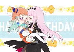  2girls birthday blush bow_choker carrying closed_eyes commentary_request couple earrings english_text feather_earrings feathers gradient_hair happy_birthday hat highres hololive hololive_english jewelry long_hair mori_calliope mori_calliope_(1st_costume) multicolored_hair multiple_girls neru_(flareuptf1) orange_hair party_hat pink_hair princess_carry purple_eyes shoulder_spikes spikes takanashi_kiara takanashi_kiara_(1st_costume) tiara veil virtual_youtuber yuri 