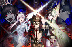  2girls 4boys absurdres ahoge aiguillette alternate_costume alternate_form asta_(black_clover) belt black_clover black_hair black_headband black_sclera blonde_hair blue_eyes body_markings book boots breasts buckle buttons capelet chains cloak colored_sclera crazy_eyes cross crossed_swords crown dante_zogratis demon_boy demon_girl demon_horns detached_sleeves dress evil_grin evil_smile facial_mark facing_away floating floating_book floating_object frit_2 fur_capelet fur_trim gem glowing glowing_crown glowing_sword glowing_weapon golden_dawn_(emblem) green_eyes grey_hair grin hair_between_eyes hair_slicked_back hair_strand hairband half_crown headband heterochromia high_collar highres holding holding_sword holding_weapon horns insignia jacket jewelry long_bangs long_hair looking_at_viewer looking_away magic messy_hair military_jacket multicolored_hair multiple_boys multiple_girls multiple_swords multiple_weapons necklace noelle_silva oerba_yun_fang open_mouth pants pendant polearm possessed purple_eyes red_eyes red_gemstone robe short_dress short_hair shoulder_strap sidelocks single_horn smile spear spiked_hair star_(symbol) sword thigh_boots thighhighs tiara tongue tongue_out twintails two-tone_hair v-shaped_eyebrows valkyrie vanica_zogratis warrior weapon white_hair wide-eyed yellow_eyes yuno_(black_clover) zenon_zogratis 