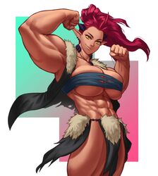  abs absurdres ali_(sotcho) biceps commentary english_commentary female flexing highres horns looking_at_viewer muscular muscular_female original pointy_ears ponytail pose purple_hair solo sotcho torn_clothes yellow_eyes 