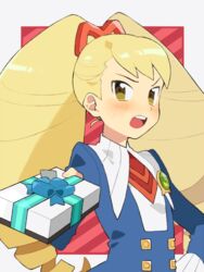  bad_id bad_twitter_id big_hair blonde_hair blush box brown_eyes commentary_request drill_hair female gift gift_box hand_on_own_hip holding holding_gift incoming_gift long_hair luna_platz_(mega_man) mega_man_(series) mega_man_star_force open_mouth pekaso1118n solo striped striped_background tsundere twin_drills twintails valentine 