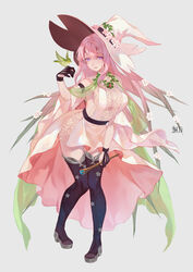  arm_strap artist_name black_footwear black_gloves boots breasts dress female full_body gloves grey_background hand_up hat high-low_skirt high-waist_sideboob highres holding holding_wand kiriyama2109 knees_together_feet_apart long_hair medium_breasts original pink_dress pink_hair purple_eyes see-through see-through_dress sideboob simple_background solo standing thigh_boots wand white_dress white_hat witch witch_hat zettai_ryouiki 