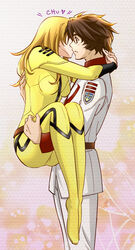  1boy arms_around_neck belt blonde_hair blush bodysuit breasts brown_belt brown_eyes brown_hair carrying commentary_request couple female from_side jacket kissing kodai_susumu long_hair long_sleeves medium_breasts military military_jacket military_uniform mori_yuki pants princess_carry spiked_hair straight uchuu_senkan_yamato uchuu_senkan_yamato_2202:_ai_no_senshi-tachi uniform white_jacket white_pants yellow_bodysuit yokon2199 